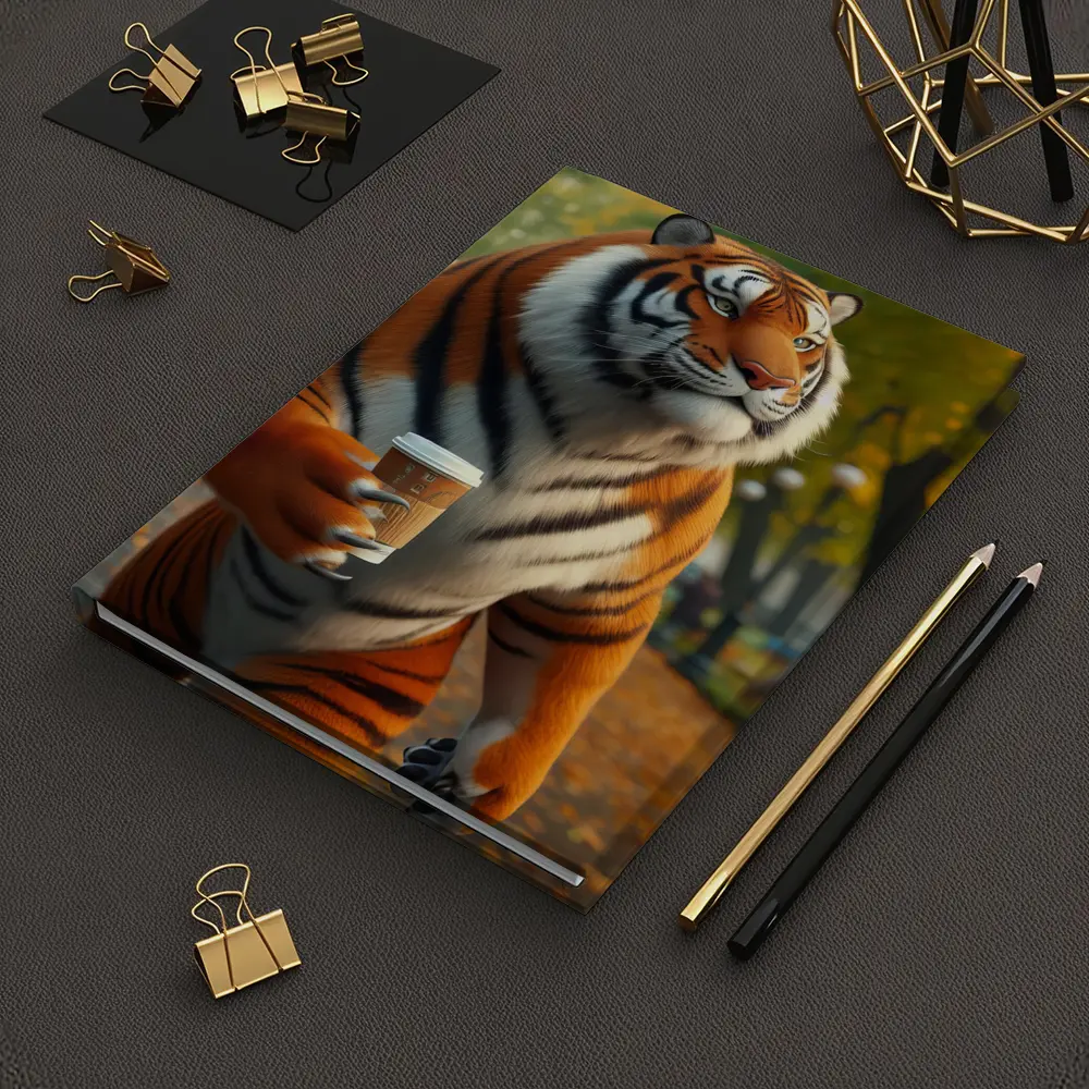 Tiger Holding Coffee Cup in Autumn Park – Notebooks