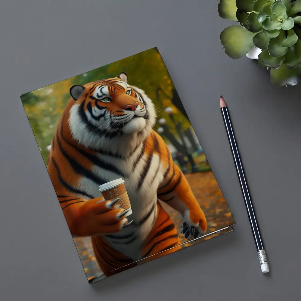 Tiger Holding Coffee Cup in Autumn Park – Notebooks