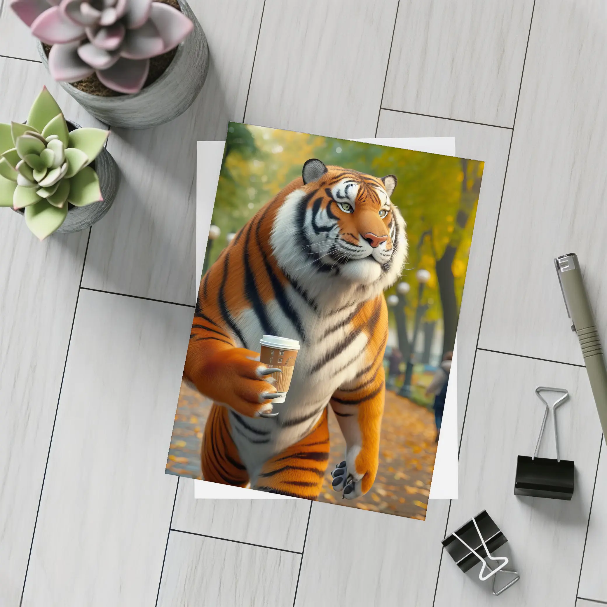 Tiger Holding Coffee Cup in Autumn Park – Postcards