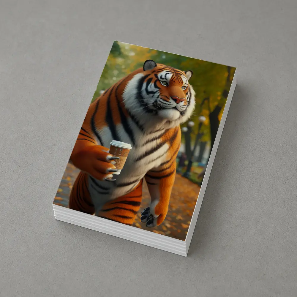 Tiger Holding Coffee Cup in Autumn Park – Postcards