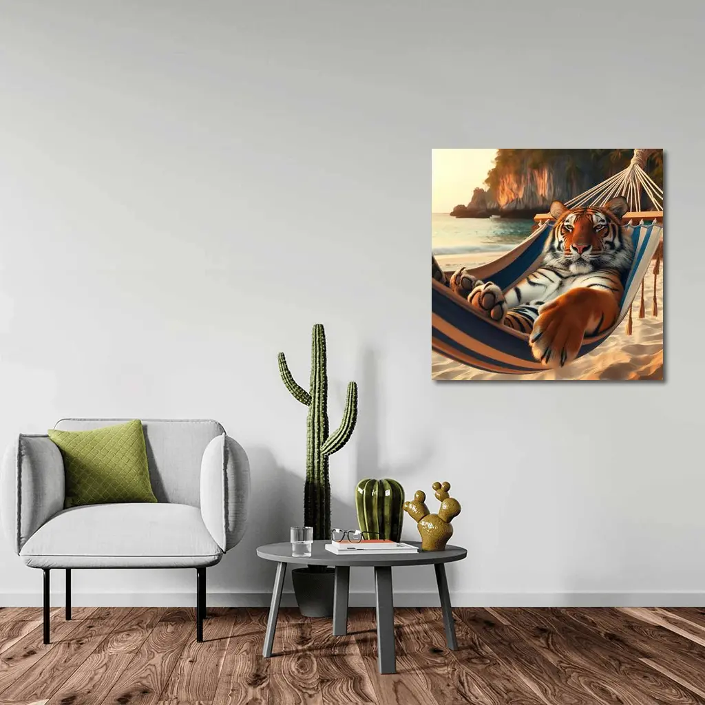 Tiger Relaxing in Hammock on Beach – Wall Art