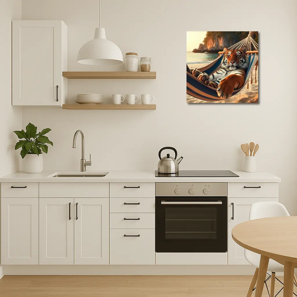 Tiger Relaxing in Hammock on Beach – Wall Art