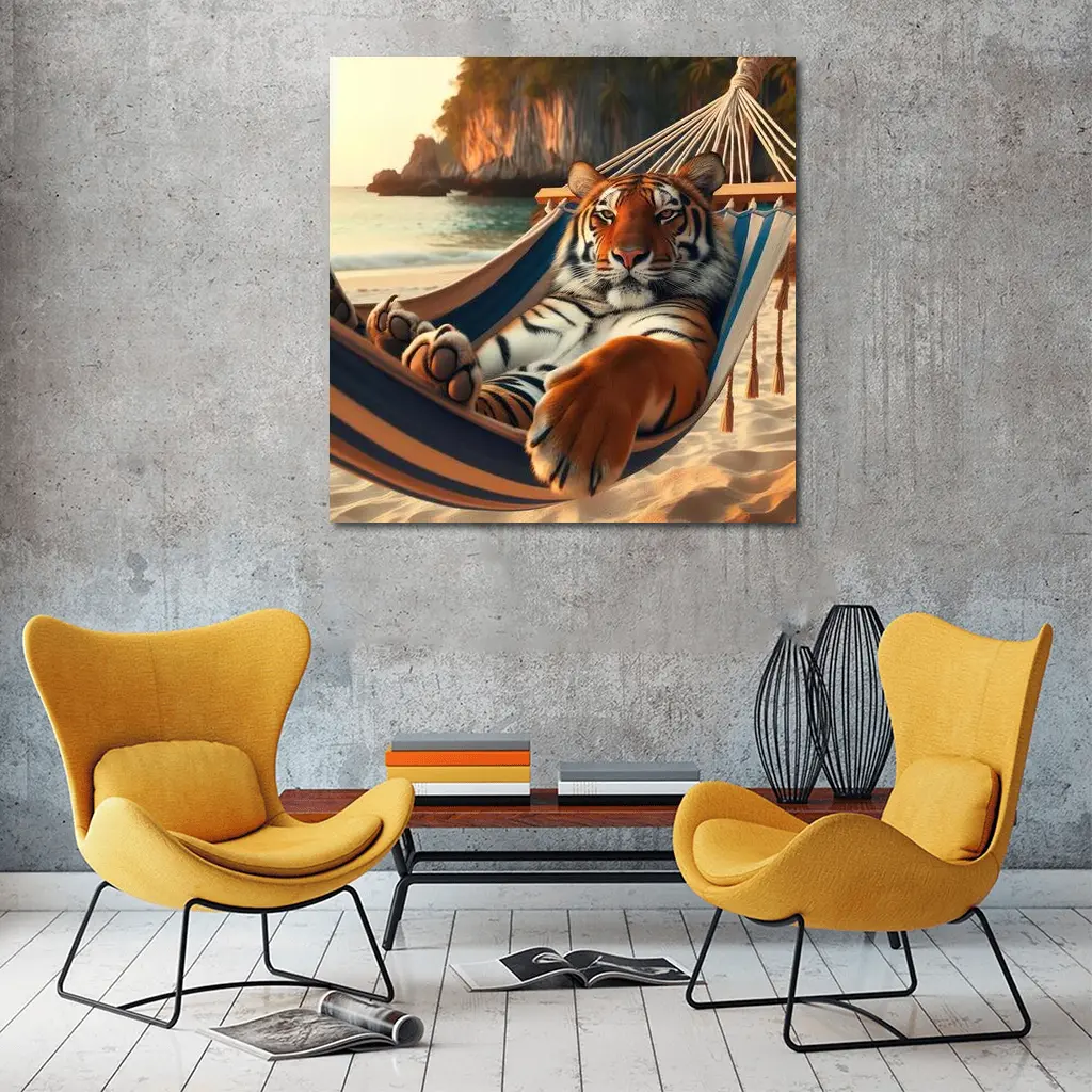 Tiger Relaxing in Hammock on Beach – Wall Art