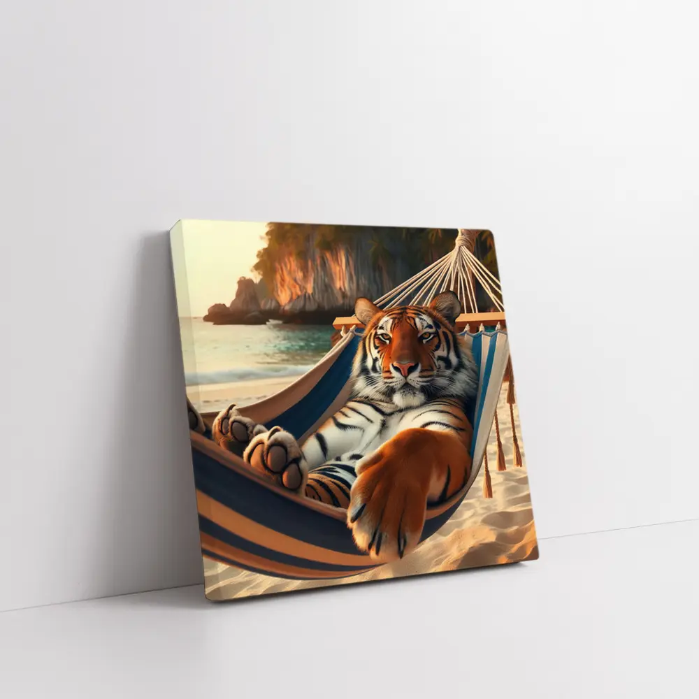 Tiger Relaxing in Hammock on Beach – Wall Art
