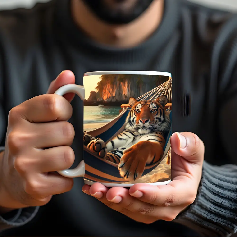 Tiger Relaxing in Hammock on Beach – Mugs