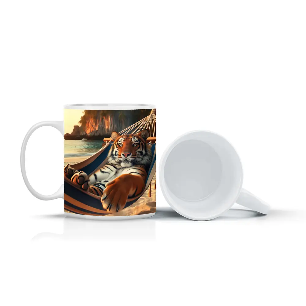 Tiger Relaxing in Hammock on Beach – Mugs