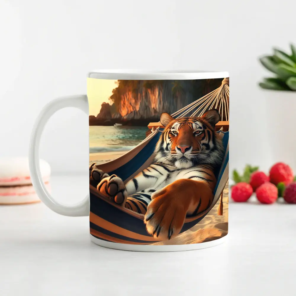 Tiger Relaxing in Hammock on Beach – Mugs