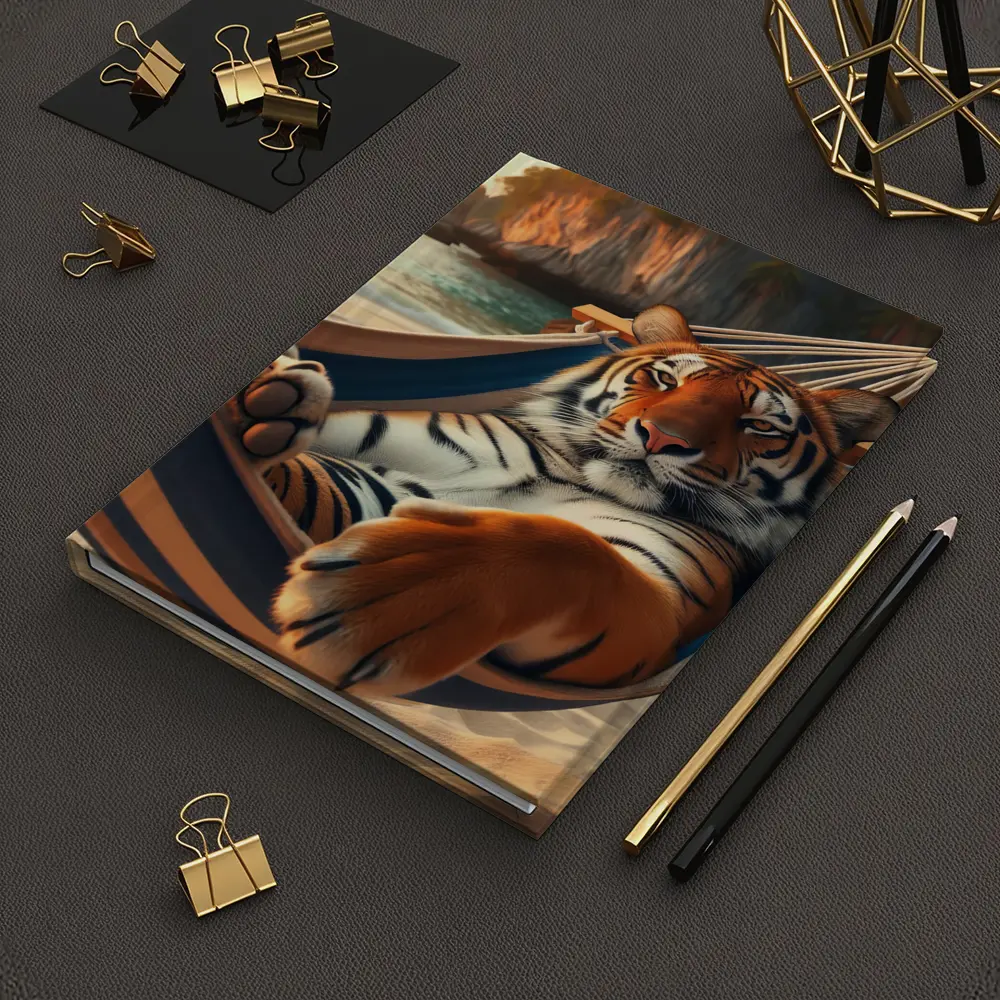Tiger Relaxing in Hammock on Beach – Notebooks