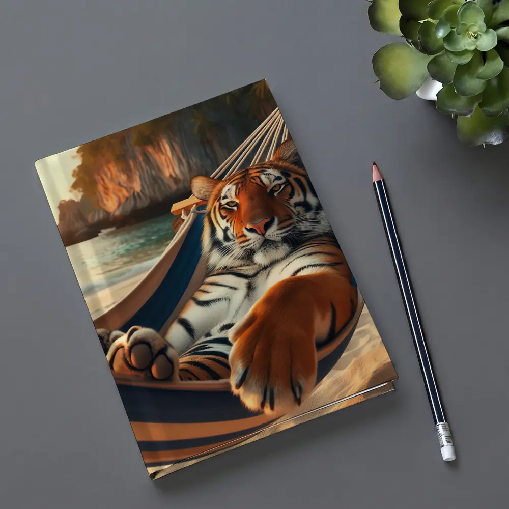 Tiger Relaxing in Hammock on Beach – Notebooks