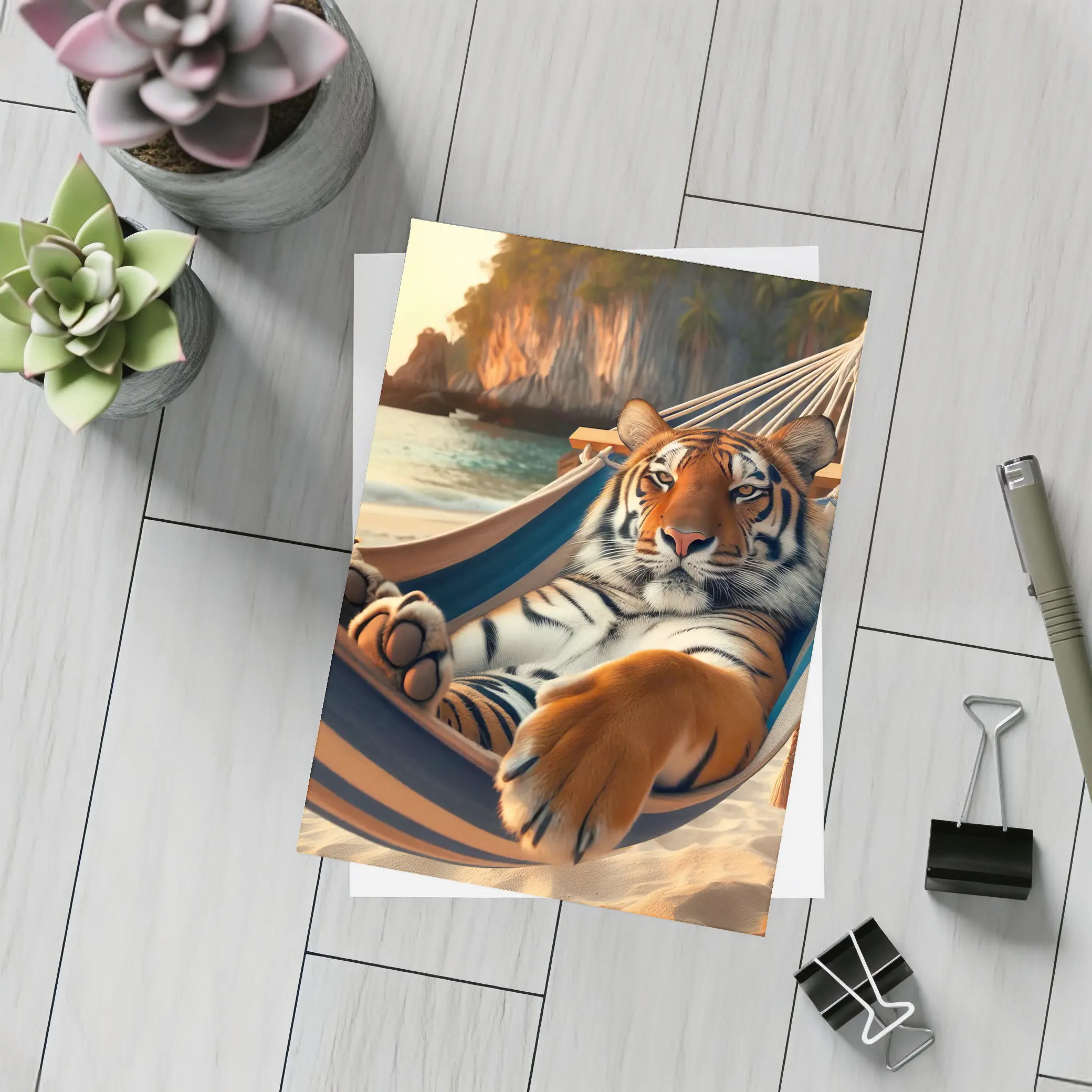 Tiger Relaxing in Hammock on Beach – Postcards