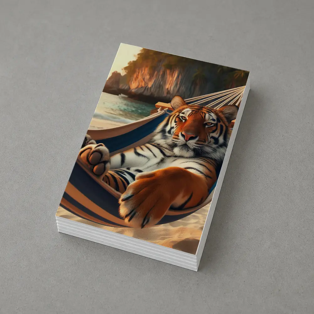 Tiger Relaxing in Hammock on Beach – Postcards