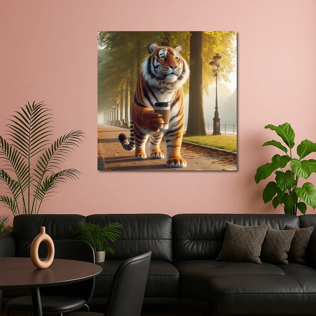 Tiger Walking With Coffee In Autumn Park – Wall Art