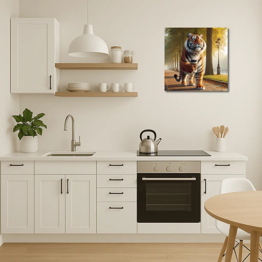 Tiger Walking With Coffee In Autumn Park – Wall Art