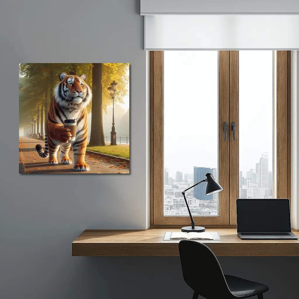Tiger Walking With Coffee In Autumn Park – Wall Art