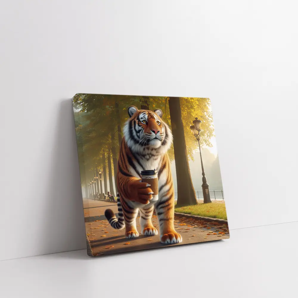 Tiger Walking With Coffee In Autumn Park – Wall Art