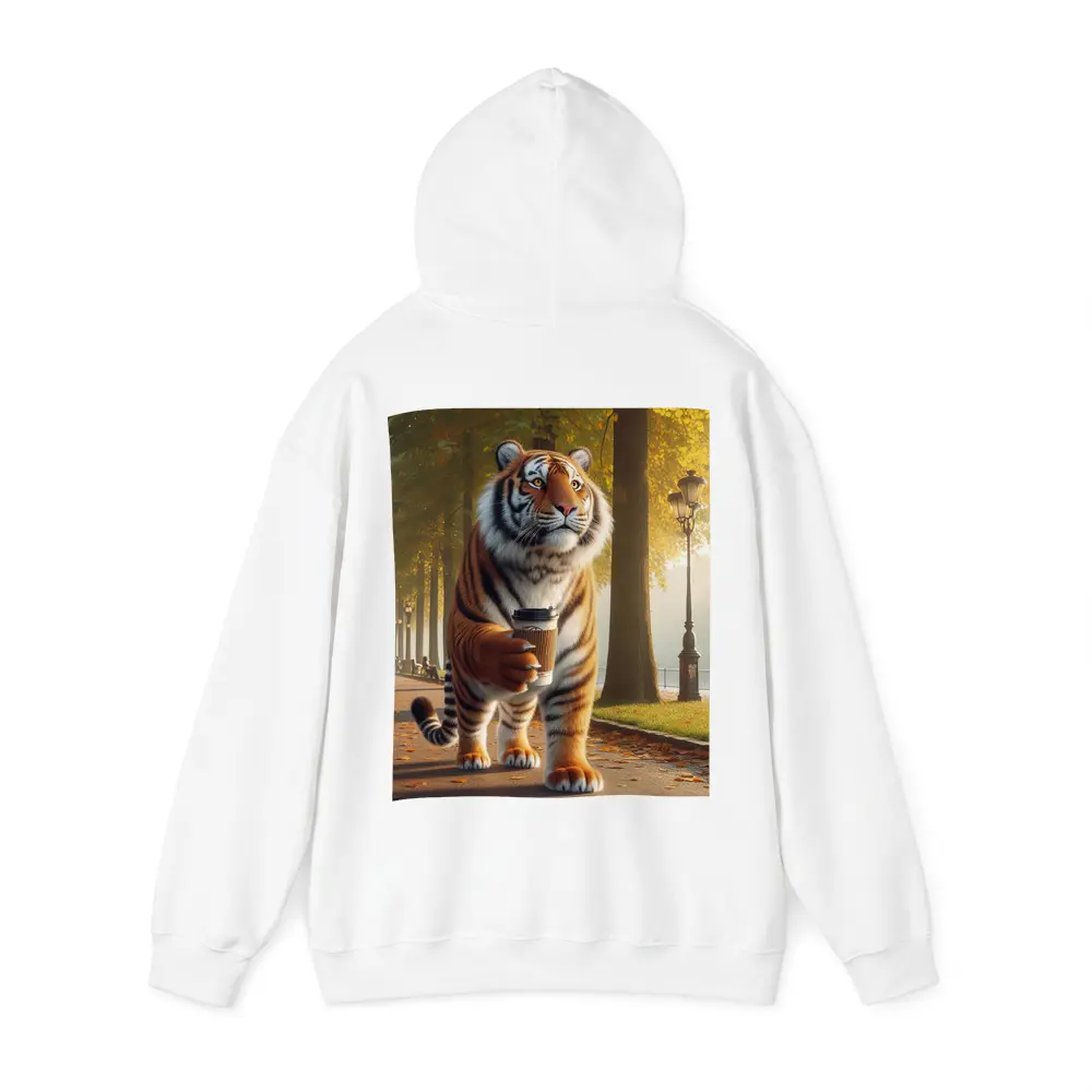 Tiger Walking With Coffee In Autumn Park – Hoodies