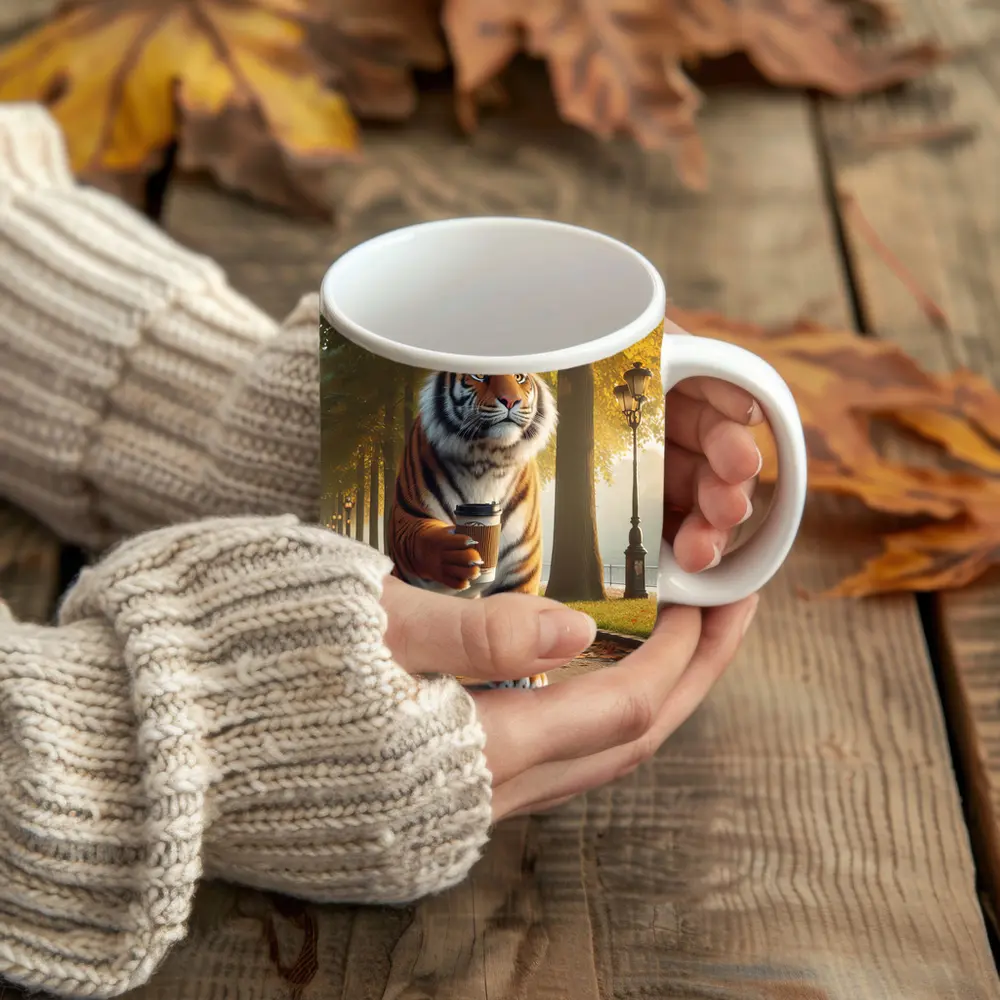 Tiger Walking With Coffee In Autumn Park – Mugs