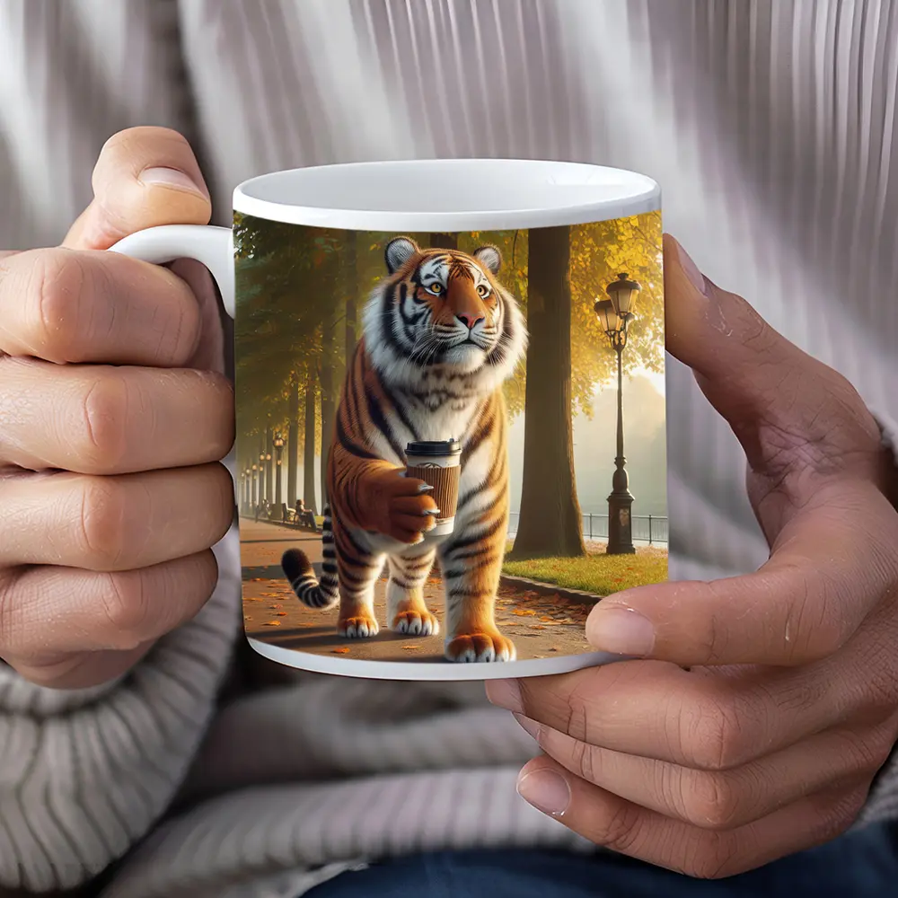 Tiger Walking With Coffee In Autumn Park – Mugs