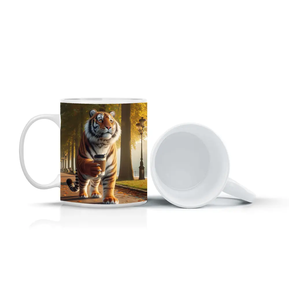 Tiger Walking With Coffee In Autumn Park – Mugs