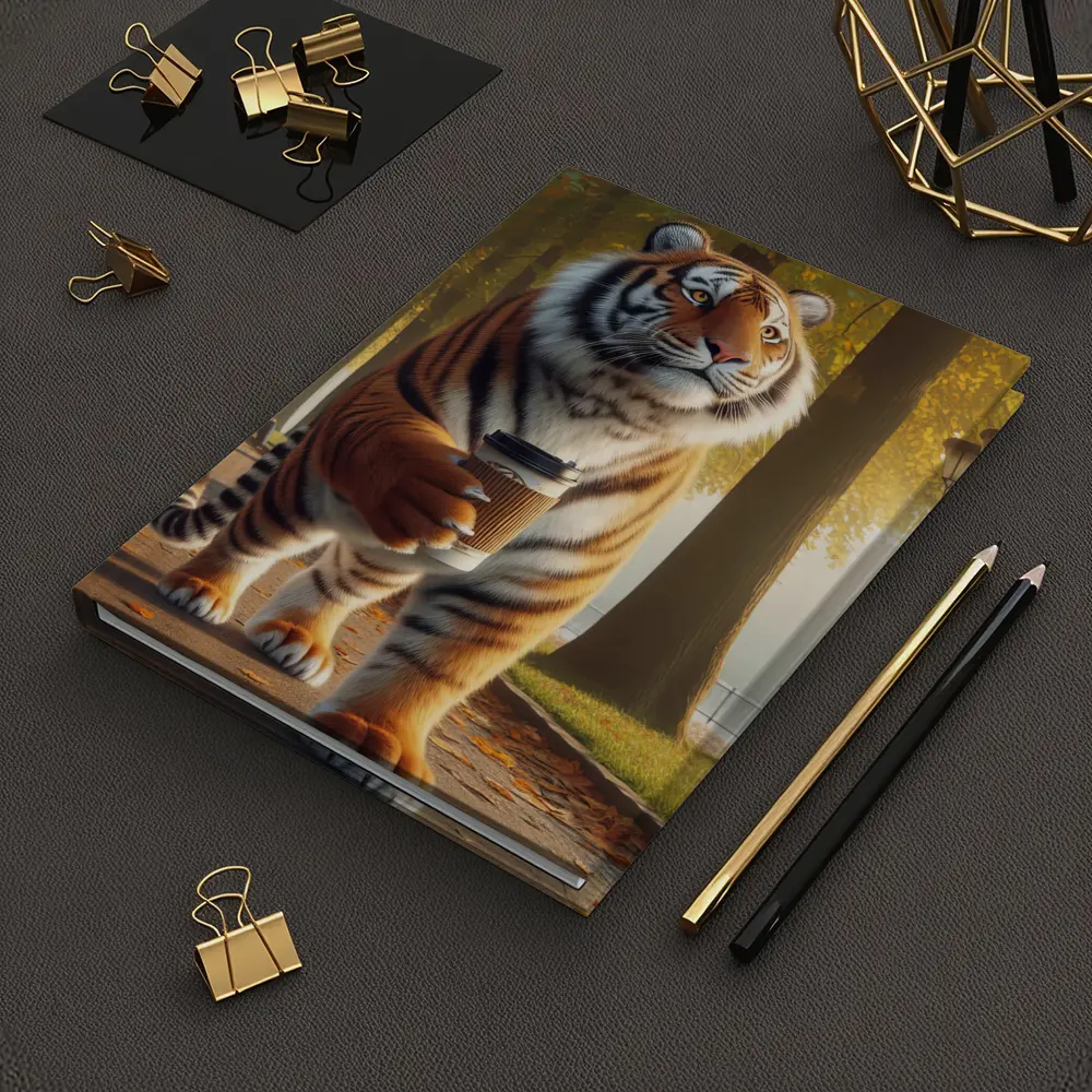 Tiger Walking With Coffee In Autumn Park – Notebooks