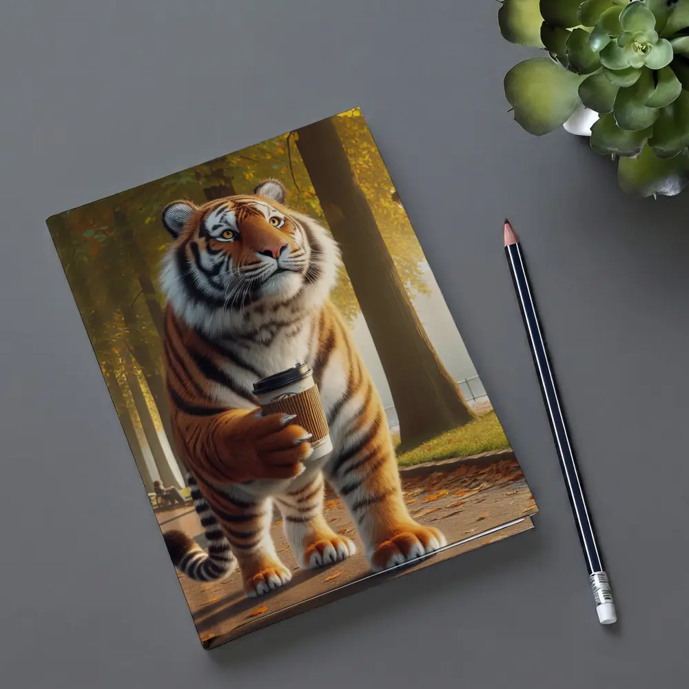 Tiger Walking With Coffee In Autumn Park – Notebooks