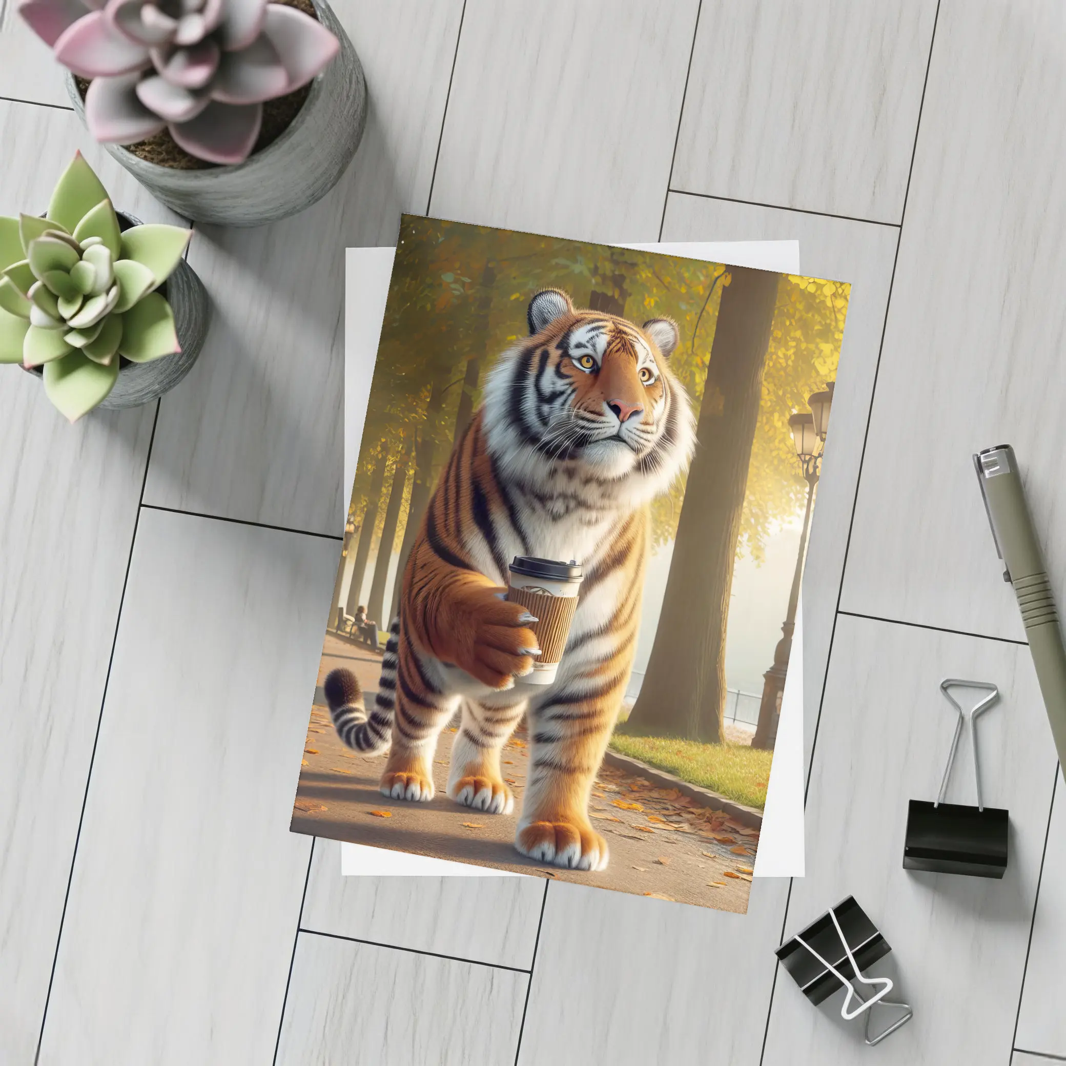 Tiger Walking With Coffee In Autumn Park – Postcards
