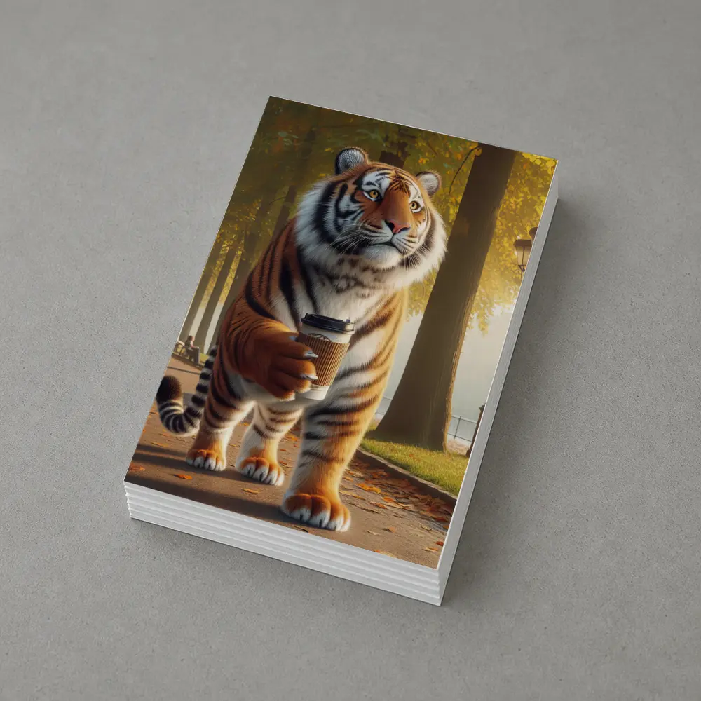 Tiger Walking With Coffee In Autumn Park – Postcards