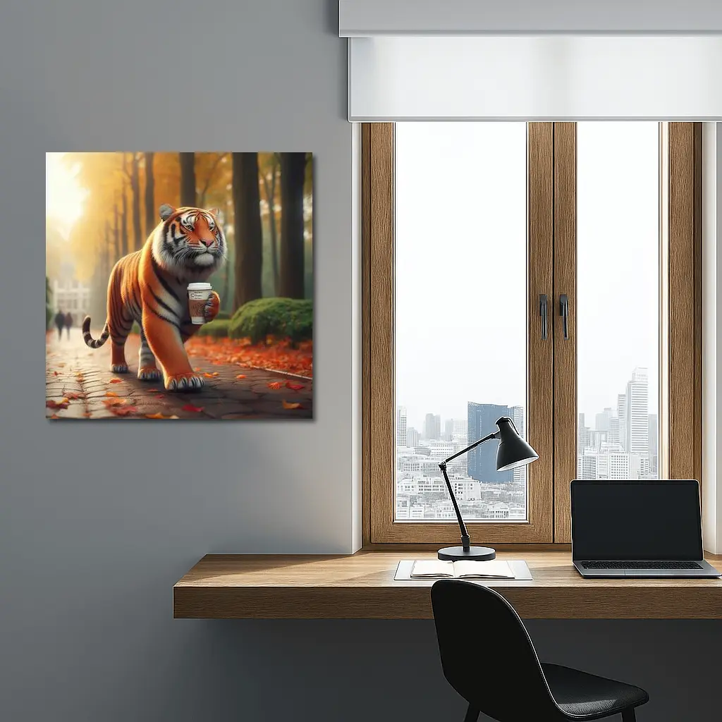 Tiger Carrying Coffee Cup Autumn Park – Wall Art