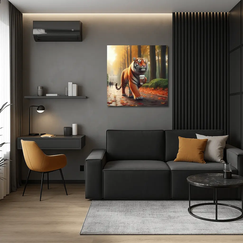 Tiger Carrying Coffee Cup Autumn Park – Wall Art
