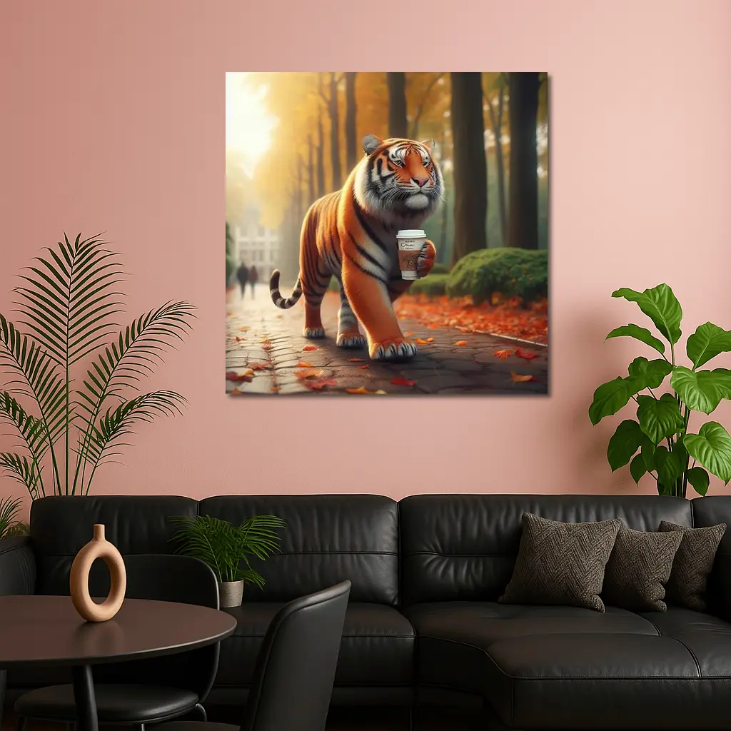 Tiger Carrying Coffee Cup Autumn Park – Wall Art