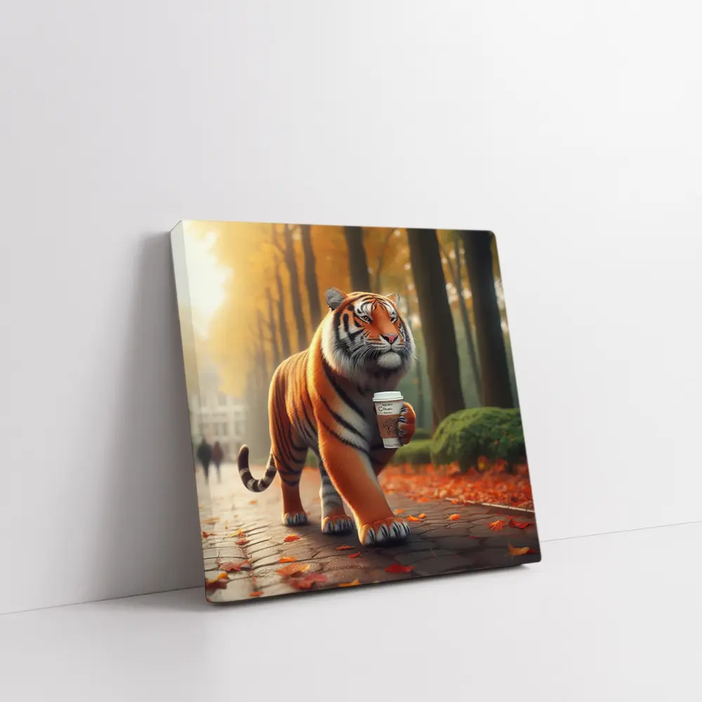 Tiger Carrying Coffee Cup Autumn Park – Wall Art