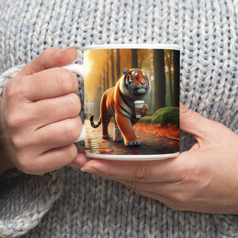 Tiger Carrying Coffee Cup Autumn Park – Mugs