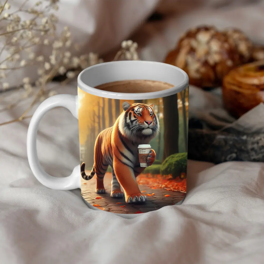 Tiger Carrying Coffee Cup Autumn Park – Mugs