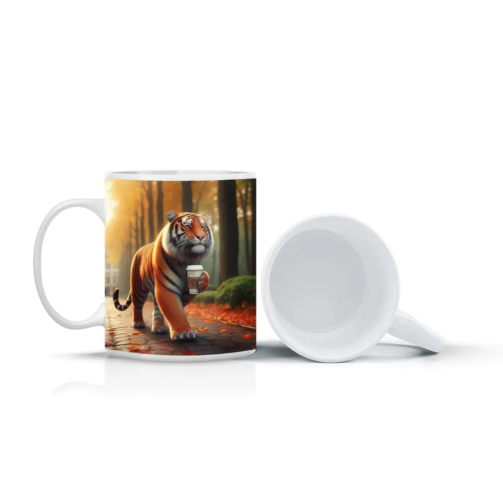 Tiger Carrying Coffee Cup Autumn Park – Mugs