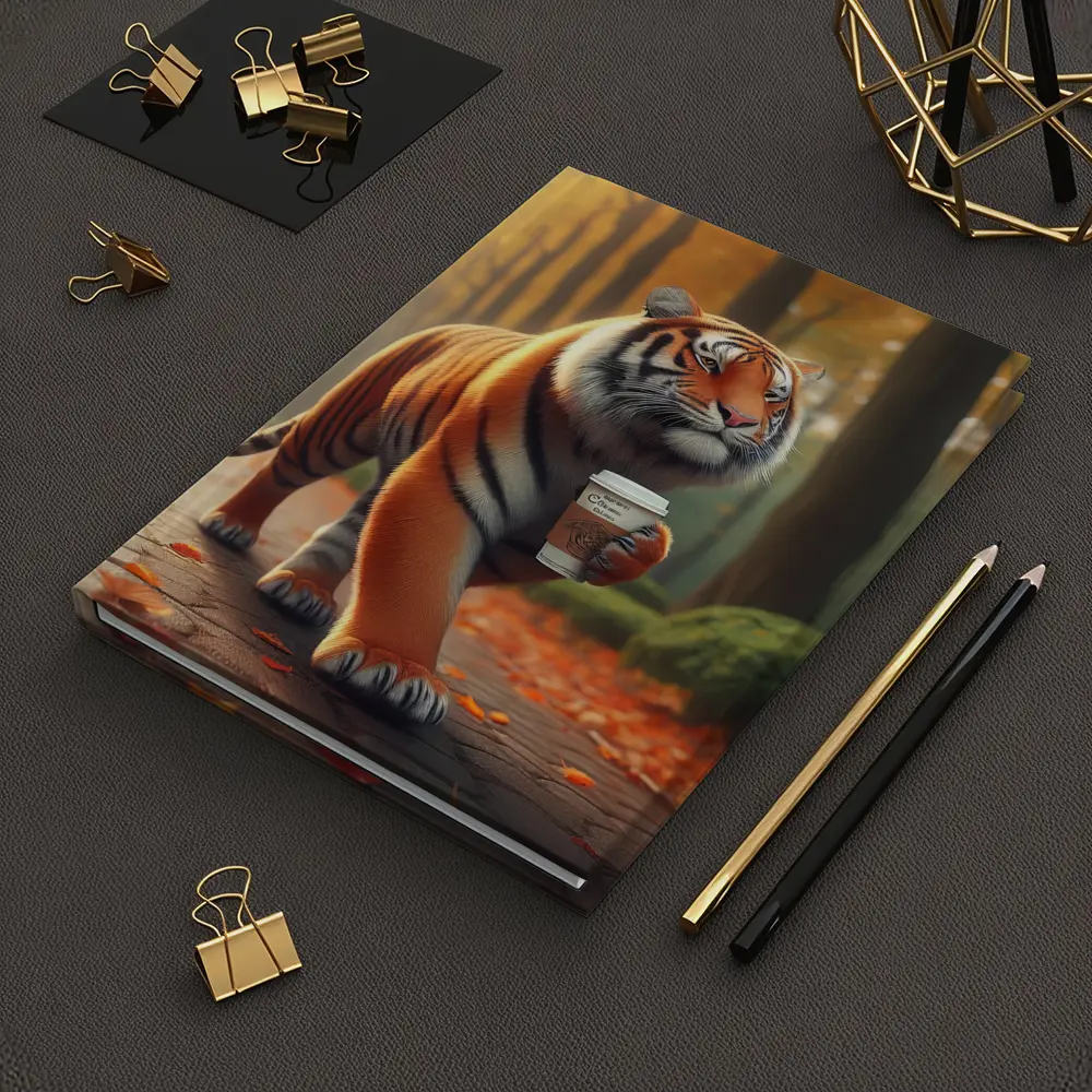 Tiger Carrying Coffee Cup Autumn Park – Notebooks