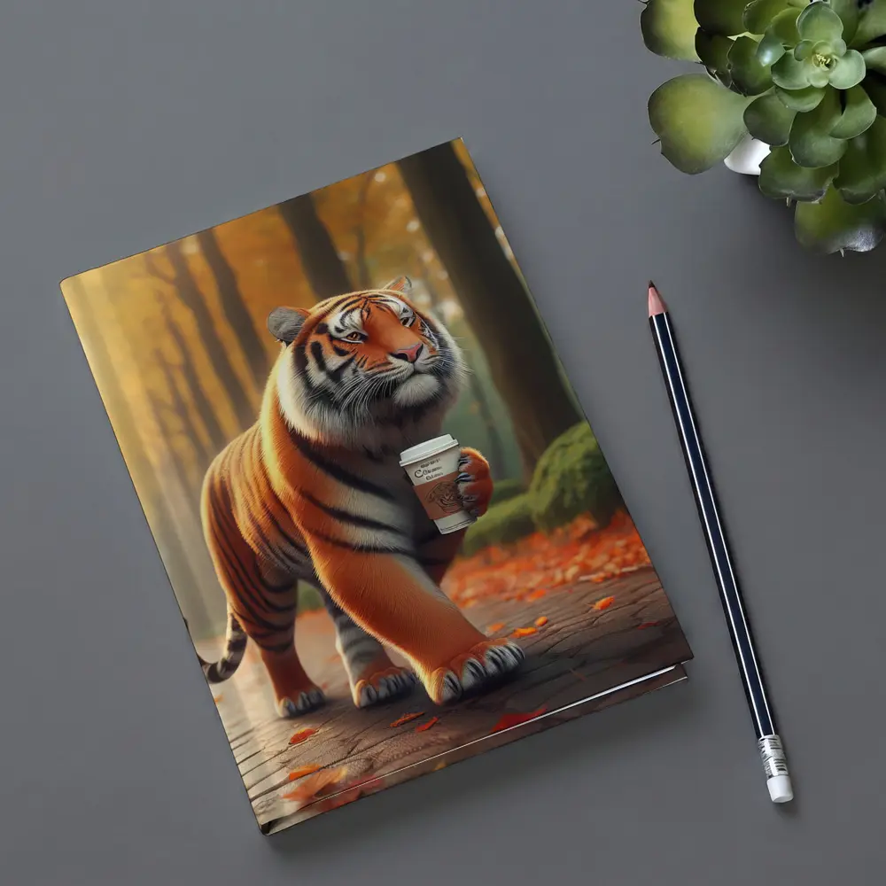 Tiger Carrying Coffee Cup Autumn Park – Notebooks