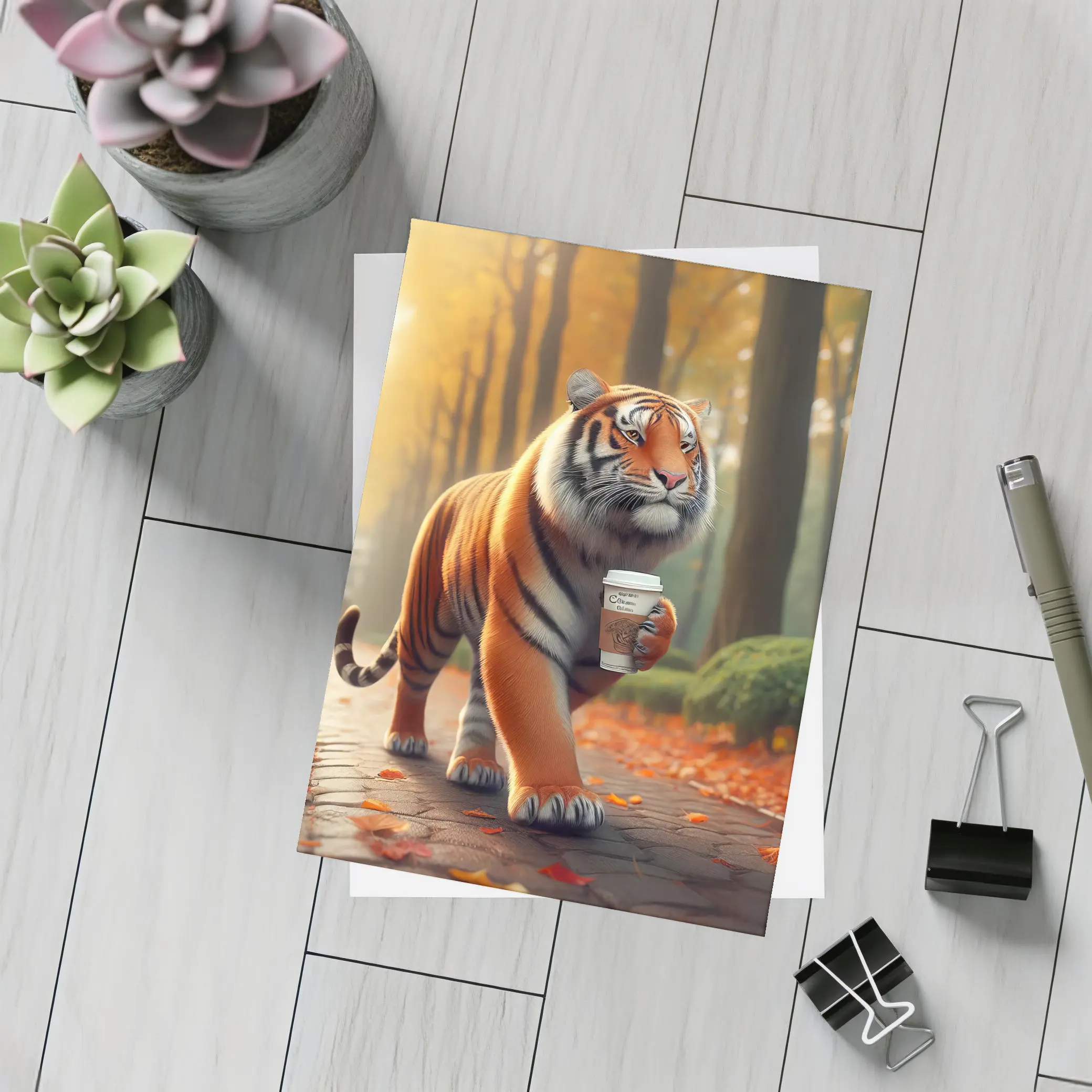 Tiger Carrying Coffee Cup Autumn Park – Postcards