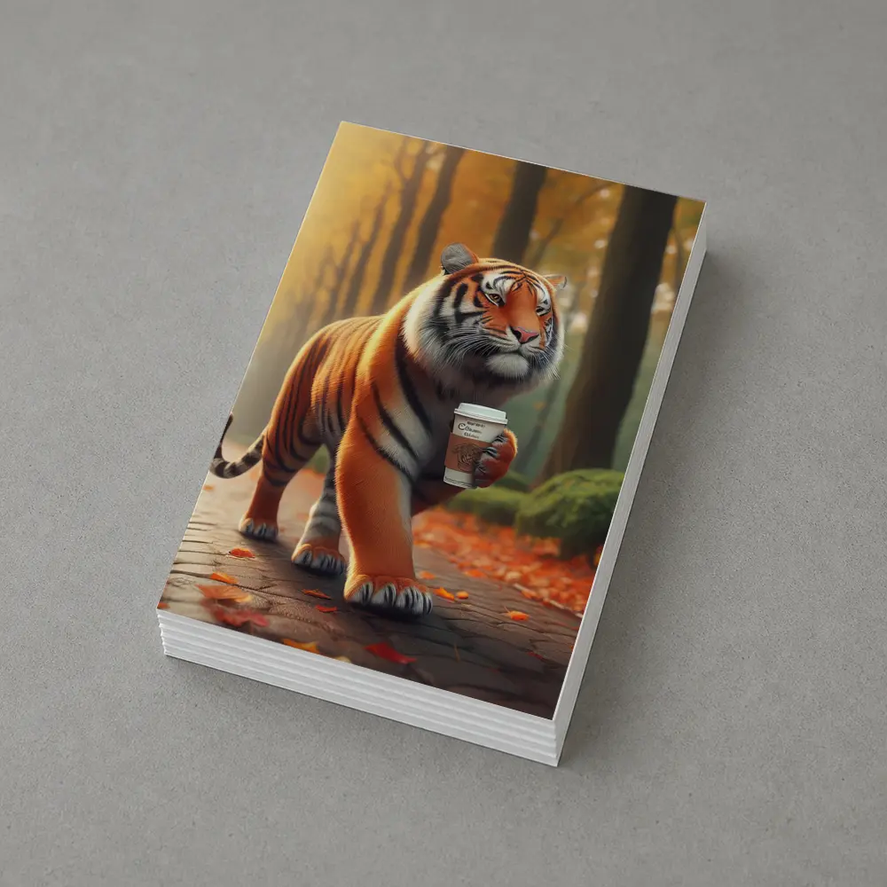Tiger Carrying Coffee Cup Autumn Park – Postcards