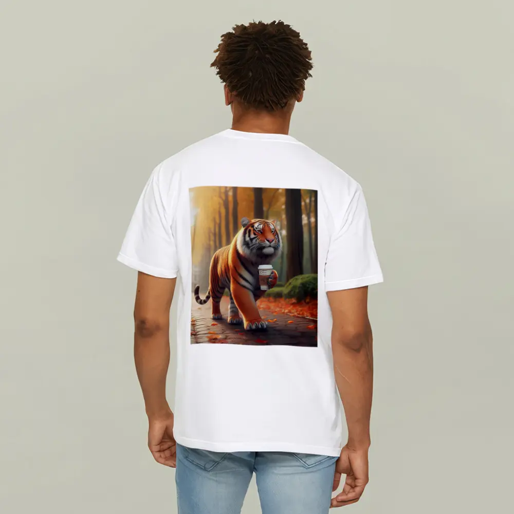 Tiger Carrying Coffee Cup Autumn Park – T-Shirts