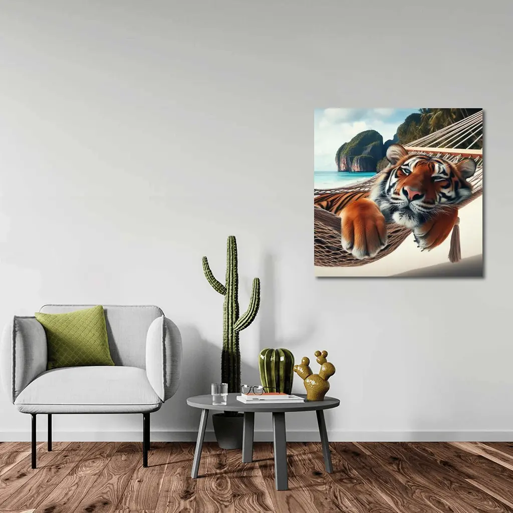 Relaxed Tiger Lounging In Hammock Beach – Wall Art