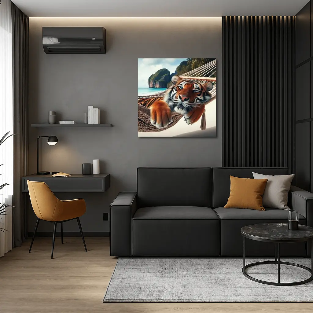 Relaxed Tiger Lounging In Hammock Beach – Wall Art
