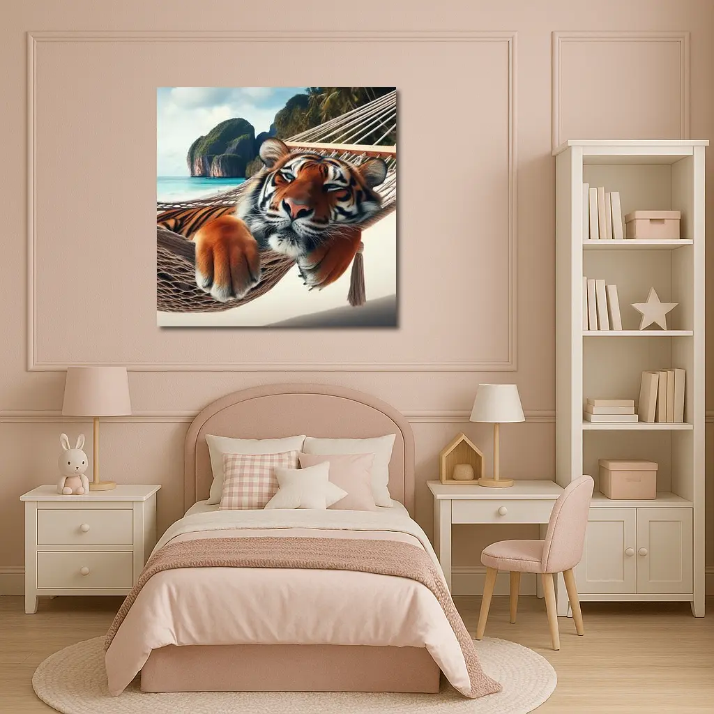 Relaxed Tiger Lounging In Hammock Beach – Wall Art