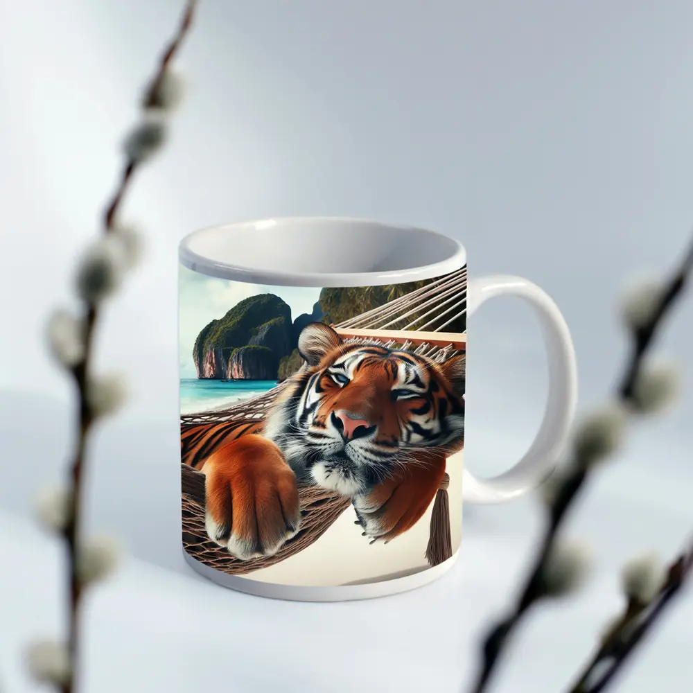 Relaxed Tiger Lounging In Hammock Beach – Mugs