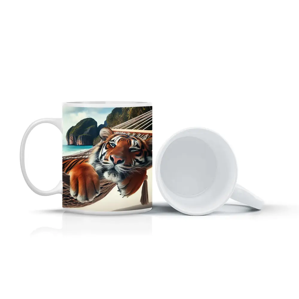 Relaxed Tiger Lounging In Hammock Beach – Mugs