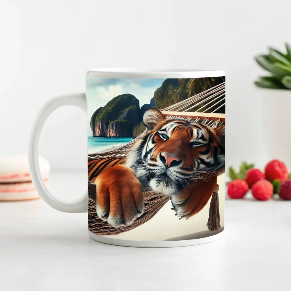 Relaxed Tiger Lounging In Hammock Beach – Mugs