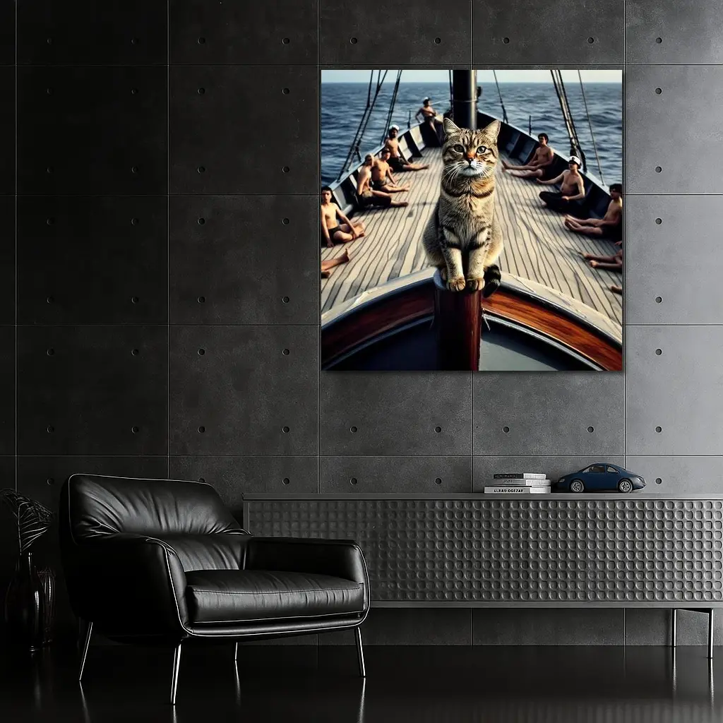 Tabby Cat Standing On Sailboat Bow – Wall Art