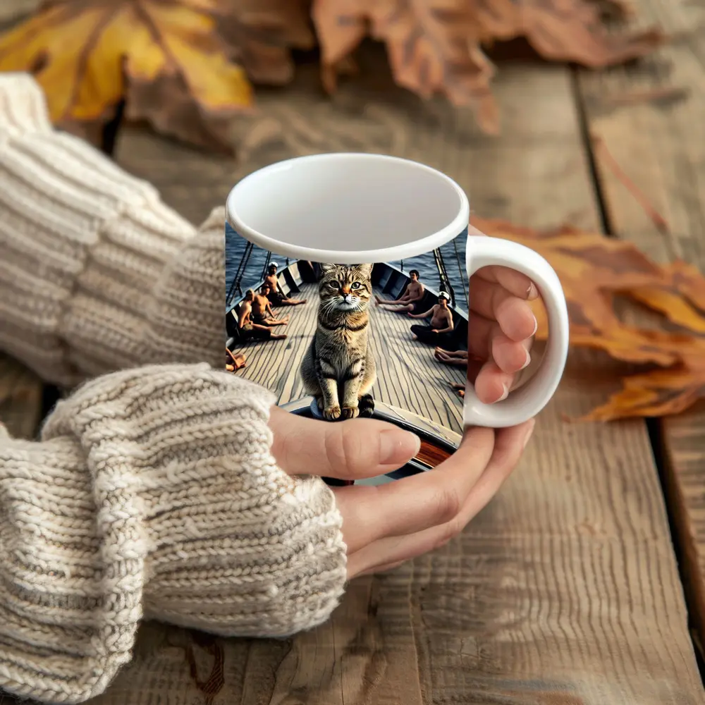 Tabby Cat Standing On Sailboat Bow – Mugs
