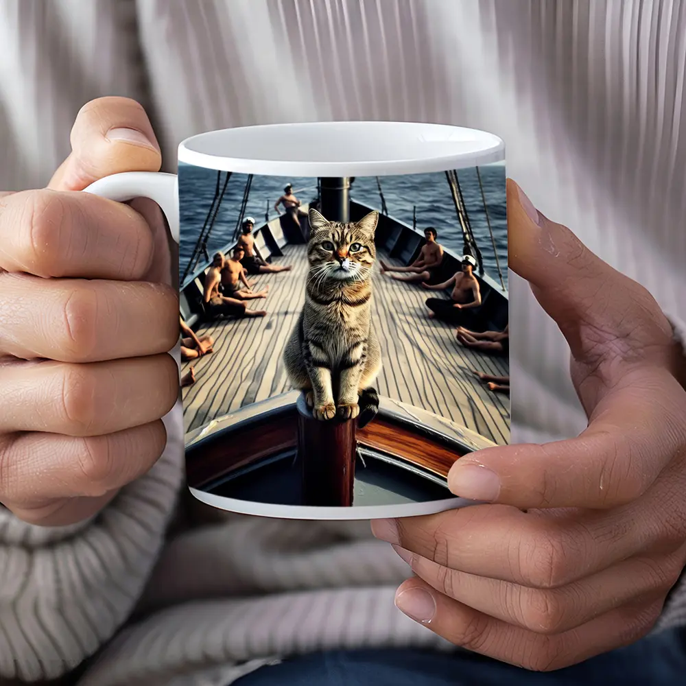Tabby Cat Standing On Sailboat Bow – Mugs