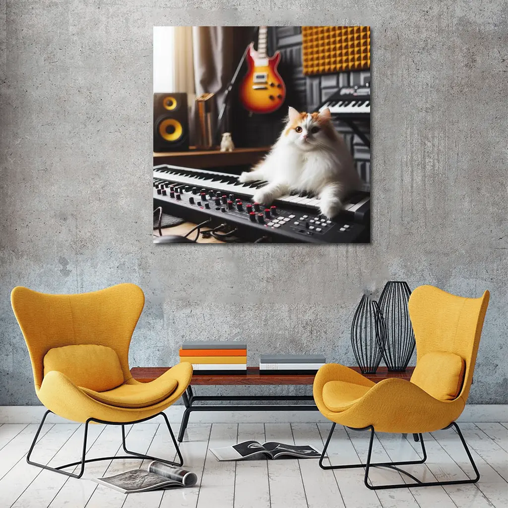 Fluffy Cat Relaxing on Music Studio Keyboard – Wall Art