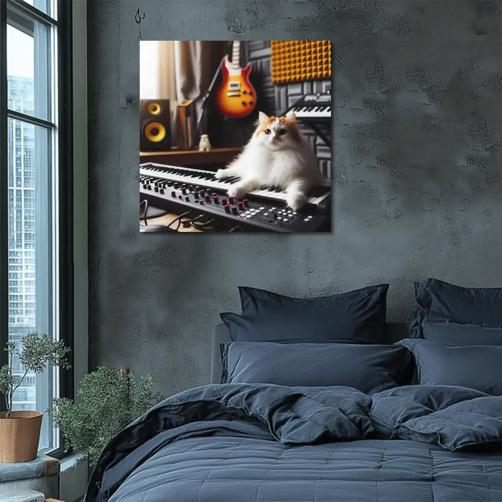 Fluffy Cat Relaxing on Music Studio Keyboard – Wall Art